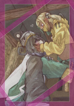 2girls artist_request bad_id bad_pixiv_id black_hair blonde_hair blush canari_(pokemon) coat cropped_jacket crossed_legs dark-skinned_female dark_skin from_side green_hair gwynn_(pokemon) hand_on_another's_leg hands_on_another's_face heart indoors jacket kneeling long_sleeves looking_at_another mask midriff mouth_mask multiple_girls nintendo pants pokemon pokemon_legends:_z-a purple_eyes short_hair sitting twintails white_coat yellow_jacket yuri