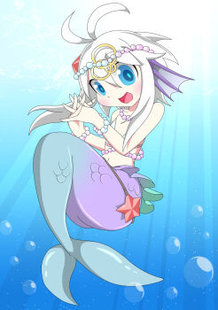 1girl air_bubble amauchi animal_ears blue_eyes blush bracelet bubble commentary_request el_(mon-musu_quest!) fins hair_ornament head_fins highres interlocked_fingers jewelry light_blush light_rays long_hair looking_at_viewer mermaid mon-musu_quest! monster_girl navel necklace open_mouth purple_scales scales smile solo tail underwater white_hair