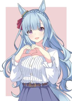 Rule 34 | 1girl, animal ears, belt, blue hair, braid, commentary request, heart, heart hands, highres, horse ears, horse girl, horse tail, looking at viewer, mejiro ardan (umamusume), osashimisan, purple eyes, simple background, tail, umamusume