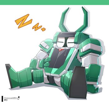 1boy artist_name b-robo_kabutack bunnemilk closed_eyes hand_on_own_stomach highres ko-fi_logo kuwagiro mechanical_arms mechanical_boots mechanical_hands mechanical_legs metal_hero robot saliva shadow sitting sleeping sleeping_upright solo solo_focus tagme twitter_logo white_background zzz