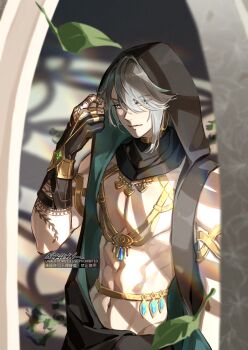 1boy abs alhaitham_(genshin_impact) alternate_costume aqua_eyes aqua_hair armlet artist_name asymmetrical_sidelocks bare_shoulders black_hood blue_gem bracelet choker doorway earrings eyes_visible_through_hair fingerless_gloves from_above from_side gem genshin_impact gloves gold_choker gold_trim green_gem green_hoodie grey_hair hand_up henna highres hood hood_up hoodie jewelry leaf looking_at_viewer male_focus multicolored_eyes multicolored_hair multiple_rings navel ngkhyn open_mouth parted_bangs partially_fingerless_gloves pectorals pov_doorway ring shadow sidelocks signature single_earring solo standing streaked_hair toned toned_male two-tone_hair upper_body