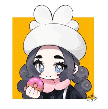 1girl ansha_(pokemon) black_hair black_jacket blue_eyes blush_stickers border chinese_commentary closed_mouth commentary donut eyelashes food hand_up happy hat hige_(693273545) holding holding_donut holding_food jacket long_hair looking_at_viewer nintendo pink_scarf pokemon pokemon_legends:_z-a scarf smile solo twintails upper_body white_border white_hat yellow_background