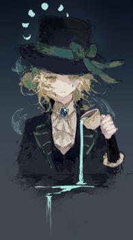 1girl absurdres ascot black_hat blue_bow bow brown_eyes brown_hair closed_mouth cup expressionless eyelashes gem hair_bun hat hat_bow highres holding holding_cup lingdian_mengyou long_sleeves medium_hair moon_phases pouring reverse:1999 sketch solo top_hat upper_body vertin_(reverse:1999) white_ascot