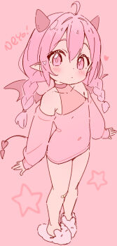 1girl ahoge animal_slippers bandaid bandaid_on_knee bandaid_on_leg bare_shoulders blush braid closed_mouth collarbone commentary covered_navel demon_girl demon_horns demon_tail demon_wings detached_sleeves full_body hair_between_eyes highres horns jigatei_(omijin) long_hair long_sleeves looking_at_viewer low_twintails original pink_background pink_eyes pink_hair pink_shirt pink_sleeves pointy_ears puffy_long_sleeves puffy_sleeves red_wings romaji_text shirt simple_background sleeves_past_wrists slippers solo standing star_(symbol) symbol-only_commentary tail twin_braids twintails white_slippers wings