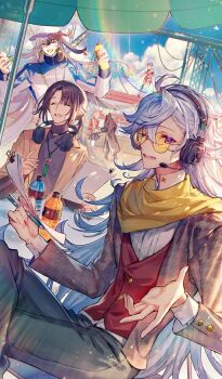 2girls 4boys :d ;d ahoge ashiya_douman_(commentator_of_flowers)_(fate) ashiya_douman_(fate) baseball_cap bell binder_clip black_hair blazer blue_jacket blue_sky bottle brown_hair brown_jacket chaldea_yousei_kishi_hai character_name charles-henri_sanson_(fate) closed_eyes cloud collared_shirt commentary crossed_legs day earrings fate/grand_order fate_(series) fingernails florence_nightingale_(fate) green_nails grey_shirt hair_bell hair_ornament hands_up hat headphones headphones_around_neck headset high_collar holding holding_bottle holding_paper jacket jewelry jingle_bell kiichi_hogen_(fate) lapels lens_flare long_fingernails long_hair long_sleeves looking_at_viewer low_ponytail magatama magatama_earrings male_focus mebaru merlin_(commentator_of_flowers)_(fate) merlin_(fate) multicolored_hair multicolored_jacket multiple_boys multiple_girls notched_lapels official_art one_eye_closed open_clothes open_jacket open_mouth outdoors paper paper_stack parted_bangs patio_umbrella pendant ponytail red_vest scarf shirt sitting sky small_sweatdrop smile stage standing sun sunlight taigong_wang_(commentator_of_flowers)_(fate) taigong_wang_(fate) teeth third-party_source track_jacket turtleneck two-tone_hair two-tone_jacket umbrella upper_teeth_only very_long_hair vest white_hair white_jacket white_shirt yellow_scarf