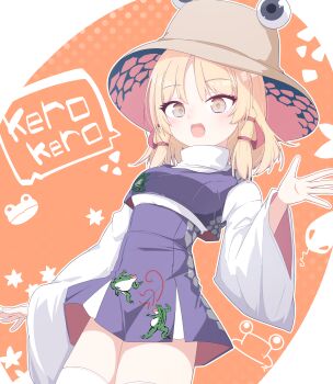 1girl :d absurdres animal_print autumn_leaves blonde_hair breasts brown_hat colored_speech_bubble commentary_request cowboy_shot darumoon doodle_inset dutch_angle eyeshadow frog frog_print hair_ribbon hat high-waist_skirt highres leaf light_blush long_sleeves looking_at_viewer makeup medium_breasts medium_hair moriya_suwako open_mouth orange_background orange_eyes print_vest purple_skirt purple_vest pyonta red_eyeshadow red_ribbon ribbon romaji_text shirt skirt skirt_set smile snake solo speech_bubble teeth thighhighs touhou translated tress_ribbon two-sided_fabric upper_teeth_only vest waving white_background white_shirt white_thighhighs wide_sleeves zettai_ryouiki