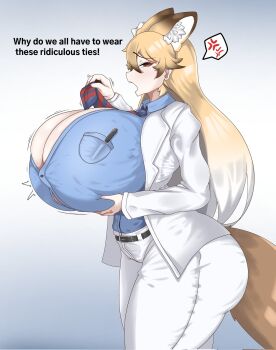 1girl ^^^ abrams_(0abrams0) anger_vein animal_ear_fluff animal_ears ass black_mesa_science_team black_mesa_science_team_(cosplay) blonde_hair blue_necktie blue_shirt breast_pocket breasts cleavage collared_shirt commentary cosplay cowboy_shot diagonal-striped_clothes diagonal-striped_necktie english_commentary english_text extra_ears ezo_red_fox_(kemono_friends) fox_ears fox_girl fox_tail from_side gigantic_breasts gradient_background gradient_hair grey_background hair_between_eyes half-life half-life_(series) half-life_1 highres holding holding_necktie huge_ass impossible_clothes impossible_shirt jacket kemono_friends lab_coat long_hair long_sleeves motion_lines multicolored_hair necktie open_mouth orange_eyes pants pen pocket profile red_necktie shirt simple_background solo source_quote spoken_anger_vein standing striped_clothes tail teeth upper_teeth_only white_background white_hair white_jacket white_pants