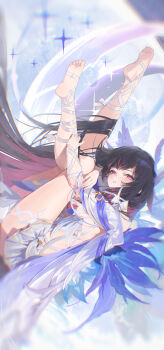 1girl absurdres barefoot berserker_r black_hair breasts bright_pupils chinese_commentary colored_inner_hair columbina_(genshin_impact) commentary_request dress full_body full_moon genshin_impact hair_ribbon highres knees_to_chest knees_together_feet_apart legs legs_up long_hair looking_at_viewer medium_breasts moon multicolored_hair parted_lips purple_eyes purple_hair purple_streaks revealing_clothes ribbon sideways soles solo toes two-tone_hair unusually_open_eyes very_long_hair white_dress white_pupils white_ribbon