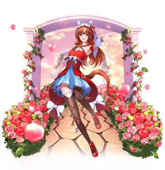 Rule 34 | 1girl, absurdres, animal ears, bbreaad, black thighhighs, blush, bow, breasts, brown hair, cloud, collarbone, commentary request, detached sleeves, dress, ear covers, ear ribbon, flower, hair between eyes, hair ornament, highres, horse ears, horse girl, horse tail, long hair, looking at viewer, open mouth, petals, red dress, red eyes, red ribbon, ribbon, shoes, sky, small breasts, smile, solo, still in love (scarlet vow raiment) (umamusume), still in love (umamusume), tail, thighhighs, umamusume, veil, white streaks, white veil