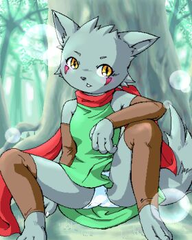 1girl animal animal_ears animal_hands arm_support barefoot blush breasts brown_socks bubble claws detached_sleeves dress facial_mark final_fantasy final_fantasy_unlimited forest furry g-sun grass green_dress grey_fur kneehighs loli long_sleeves looking_at_viewer lou_lupus nature panties parted_lips red_scarf scarf sitting sleeveless sleeveless_dress small_breasts socks spread_legs square_enix tail teeth toeless_legwear tree underwear werewolf white_panties wolf wolf_ears wolf_girl wolf_tail yellow_eyes