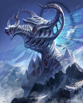 Rule 34 | animal, commentary request, creature, demon, grand scale, halo, highres, horns, keselum (neganeura), monster, mountain, no arms, no humans, original, oversized animal, scenery, signature, wings