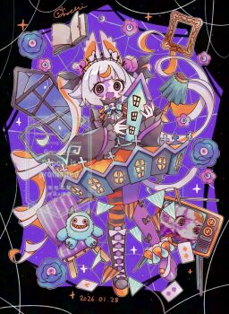 1girl :d ace_(playing_card) ace_of_hearts animal_ear_fluff animal_ears asymmetrical_footwear asymmetrical_legwear black_boots black_border black_dress black_eyes blue_bow blue_bowtie blunt_bangs blush book boots border bow bowtie card cat_ears cat_girl cat_tail chair commentary crack cracked_glass dated dot_nose dress fang floating_hair frilled_sleeves frills full_body grey_hair heart knee_boots lamp long_hair long_sleeves looking_at_viewer mismatched_footwear mismatched_legwear mochimura_sorata multicolored_hair open_book open_mouth orange_hair orange_pantyhose original outline outside_border pantyhose picture_frame platform_boots platform_shoes playing_card purple_background purple_pantyhose purple_shoes shoes signature single_knee_boot single_shoe smile solo sparkle standing standing_on_one_leg streaked_hair streamers striped_clothes striped_pantyhose stuffed_toy symbol-only_commentary tail television twintails twitter_username two-tone_hair two_of_diamonds two_of_spades uneven_footwear watermark white_outline wide_sleeves window