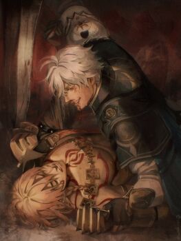 Rule 34 | 2boys, arm tattoo, blonde hair, blood, blood on face, braid, chest tattoo, clawed gauntlets, clenched teeth, commentary, evil smile, gold necklace, highres, honkai: star rail, honkai (series), jewelry, looking at another, lycheelinecat, male focus, multiple boys, mydei (honkai: star rail), necklace, nosebleed, phainon (honkai: star rail), red tattoo, short hair, side braid, single braid, smile, sweat, tattoo, teeth, white hair