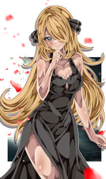 1girl absurdres alternate_costume bare_shoulders blonde_hair breasts cleavage closed_mouth commentary_request cowboy_shot cynthia_(pokemon) dress falling_petals hair_ornament hair_over_one_eye hand_on_own_chin highres long_hair looking_at_viewer medium_breasts nintendo petals pokemon pokemon_dppt red_petals shiki_(kisikisi1007) sleeveless sleeveless_dress smile solo very_long_hair