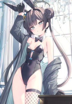 1girl :o alternate_costume animal_ears arm_above_head arm_up bare_shoulders black_bow black_bowtie black_gloves black_hair black_hairband black_jacket black_leotard blue_archive blue_eyes bow bowtie braid braided_bun breasts butterfly_hair_ornament commentary_request covered_navel detached_collar double_bun earrings fake_animal_ears fishnet_thighhighs fishnets gloves gluteal_fold grey_halo hair_bun hair_ornament hairband halo highleg highleg_leotard jacket jewelry kisaki_(blue_archive) leaning_on_table leotard light_blush loli long_hair looking_at_viewer off_shoulder open_clothes open_jacket parted_lips playboy_bunny rabbit_ears saeki_sora single_thighhigh small_breasts solo standing strapless strapless_leotard thighhighs thighs twintails very_long_hair window