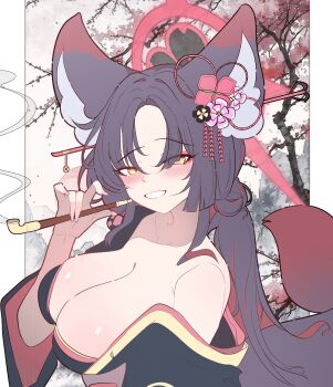 1girl absurdres alternate_hairstyle amebrew animal_ear_fluff animal_ears black_hair black_kimono blue_archive blush breasts chinese_hairpin cleavage colored_inner_hair commentary_request fox_ears fox_girl fox_tail grin hair_ornament hair_stick halo highres holding holding_smoking_pipe japanese_clothes kimono large_breasts multicolored_hair red_hair red_halo smile smoking smoking_pipe solo tail two-tone_hair wakamo_(blue_archive) yellow_eyes