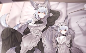 2girls absurdres animal_ears apron azur_lane breasts closed_eyes commentary dated_commentary fox_ears fox_girl fox_tail gloves highres large_breasts long_hair lying maid maid_headdress mother_and_child mother_and_daughter multiple_girls multiple_tails on_back parent_and_child pillow samip shinano-chan_(azur_lane) shinano_(azur_lane) sleeping tail white_gloves