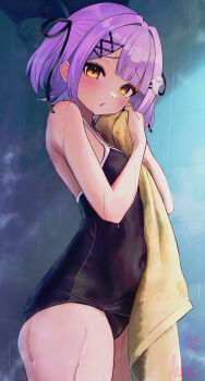 1girl absurdres black_one-piece_swimsuit black_ribbon blush breasts commentary_request covered_navel ghost_hair_ornament hair_ornament hair_ribbon highres holding holding_towel looking_at_viewer naikon old_school_swimsuit one-piece_swimsuit purple_hair ribbon school_swimsuit shinomiya_runa short_hair shower_(place) shower_head showering small_breasts solo swimsuit towel two_side_up virtual_youtuber vspo! water wet x_hair_ornament yellow_eyes