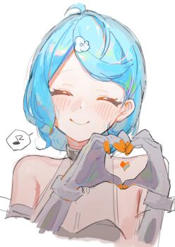 1girl bare_shoulders blue_hair blush closed_eyes closed_mouth collarbone commentary_request cropped_torso detached_sleeves gloves heart heart_hands highres mituku2489291 musical_note portrait see-through_dress_layer seed_(zenless_zone_zero) simple_background smile solo spoken_musical_note white_background white_gloves zenless_zone_zero