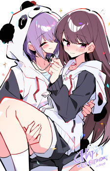2girls absurdres animal_hood bang_dream! bang_dream!_it&#039;s_mygo!!!!! blush brown_hair carrying closed_eyes collarbone dated grey_hair happy_birthday highres hood hoodie jacket jewelry long_hair long_sleeves matching_outfits mole mole_under_eye multiple_girls necklace panda_hood princess_carry purple_eyes shiina_taki short_hair shorts smile socks sparkle takamatsu_tomori yuri zhanzhangzlw
