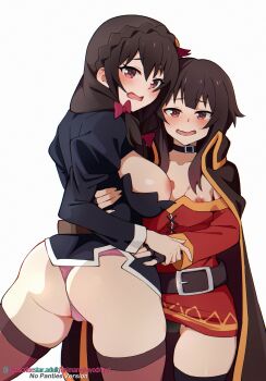 2girls absurdres animanghayo ass black_gloves black_panties black_thighhighs blush bow braid breasts brown_hair clothes_pull commentary cowboy_shot crown_braid dress dress_pull english_commentary english_text fingerless_gloves gloves grabbing_another's_hand hair_bow highres kono_subarashii_sekai_ni_shukufuku_wo! large_breasts looking_at_viewer megumin multiple_girls naughty_face nipples paid_reward_available panties petite pink_panties red_bow red_dress red_eyes short_hair short_hair_with_long_locks simple_background size_difference small_breasts standing subscribestar_logo subscribestar_username thighhighs underwear watermark web_address white_background yunyun_(konosuba)