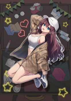 1girl absurdres arm_behind_head bare_legs baseball_cap blue_eyes blue_shoes blush bottle breasts brown_hair brown_jacket brown_shorts camera cleavage commentary_request cosmetics crop_top full_body glasses hagiwara_shiyu hat heart highres ichinose_shiki idolmaster idolmaster_cinderella_girls jacket legs_folded lipstick_tube long_hair looking_at_viewer map medium_breasts midriff navel perfume_bottle photo_(object) shoes shorts single_bare_shoulder smile sneakers solo star_(symbol) tank_top ticket twitter_username very_long_hair white_hat white_tank_top