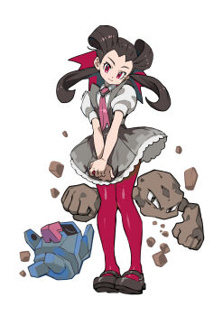Rule 34 | 1girl, absurdres, brown hair, clip studio paint (medium), dress, eudetenis, gen 1 pokemon, gen 3 pokemon, geodude, grey dress, hair pulled back, highres, holding, holding poke ball, long hair, looking at viewer, necktie, nintendo, nosepass, own hands together, pantyhose, pink necktie, pink pantyhose, poke ball, pokemon, pokemon (creature), pokemon oras, puffy sleeves, red eyes, red pantyhose, roxanne (pokemon), shirt, short sleeves, simple background, smile, twintails, white background, white shirt, wind, wind lift