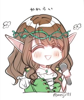 Rule 34 | 1girl, 217find!, ^ ^, animification, blush, brown hair, closed eyes, commentary request, cropped torso, deformed, dress, elf, facing viewer, flower symbol, hanamiya nina, head wreath, highres, holding, holding microphone, meiji (mosamoo3), microphone, off-shoulder dress, off shoulder, pointy ears, real life, simple background, solo, twitter username, voice actor, white background, white dress