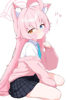 1girl absurdres ahoge animal_ear_fluff animal_ears aqua_necktie between_legs black_skirt blue_archive blue_eyes blush cardigan cat_ears drawn_whiskers hair_between_eyes hair_flaps halo hand_between_legs heterochromia highres hoshino_(blue_archive) long_hair looking_at_viewer miniskirt necktie noiriririri nyan off_shoulder paw_pose pink_cardigan pink_hair pink_halo plaid_clothes plaid_skirt shirt simple_background sitting skirt solo thighs very_long_hair white_background white_shirt yellow_eyes