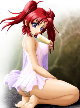 1girl babydoll feet female_focus food gundam gundam_seed gundam_seed_destiny highres ice_cream lingerie looking_at_viewer meyrin_hawke no_bra onoe panties purple_eyes red_hair see-through_clothes solo twintails underwear