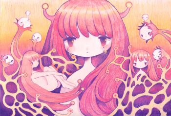 1girl antenna_hair astralcarousel blunt_bangs body_horror closed_mouth commentary crying crying_with_eyes_open dot_nose expressionless gradient_background highres hime_cut hugging_own_legs jitome knees_to_chest knees_up long_hair looking_at_viewer mob_face nude original pale_skin pink_eyes pink_hair purple_background solo symbol-only_commentary tears variations yellow_background