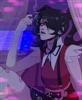 1girl absurdres ame-chan_(needy_girl_overdose) black_eyes black_lips cigarette commentary curtains english_commentary error_message hair_ornament hair_over_one_eye hand_up highres knees_up long_sidelocks looking_at_viewer needy_girl_overdose red_shirt scar scar_on_arm self-harm_scar shirt short_twintails sidelocks sitting skirt smoke smoke_trail smoking suspender_skirt suspenders tempusumbra twintails winged_sleeves wrist_cutting x_hair_ornament