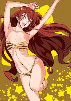 1girl absurdres animal_print armpits arms_up bikini breasts cleavage collarbone commentary_request cosplay eris_greyrat highres kou_(spad7u59) long_hair lum lum_(cosplay) medium_breasts mushoku_tensei navel oni open_mouth red_eyes red_hair smile solo standing standing_on_one_leg strapless strapless_bikini swimsuit teeth thighs tiger_print upper_teeth_only urusei_yatsura