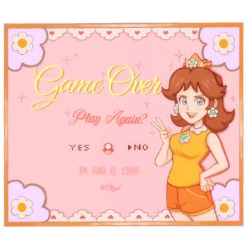 1girl absurdres blue_eyes breasts brown_hair crown earrings female_focus flower_earrings game_over game_over_screen gem grin hand_on_own_hip hand_up heart highres jewelry looking_at_viewer mario_(series) mario_tennis mushroom nintendo open_mouth princess_daisy short_hair shorts sidelocks smile smug solo standing super_mario_bros._1 super_mario_land tomboy v