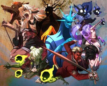 Rule 34 | 4boys, 4girls, apollo (deadlock), archmother (deadlock), beard, black hair, black jacket, black shirt, blank eyes, breasts, celeste (deadlock), check gender, cleavage, commentary, commentary request, creature, cropped torso, deadlock (game), dual persona, english commentary, facial hair, floating skull, formal clothes, full beard, gender request, graves (deadlock), grin, hidden king (deadlock), highres, holding, jacket, korean commentary, long hair, looking at viewer, mixed-language commentary, multiple boys, multiple girls, muscular, muscular male, mustache, open mouth, purple hair, rapier, red suit, rem (deadlock), sharp teeth, shirt, short hair, silver (deadlock), smile, suit, sword, teeth, thick mustache, twintails, unicorn girl, venator (deadlock), weapon, white hair, yellow eyes