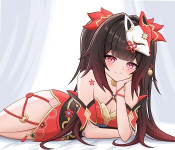 Rule 34 | 1girl, absurdres, bell, black hair, breasts, cleavage, commentary, detached sleeves, dress, floral print, flower tattoo, fox mask, hand on own face, highres, honkai: star rail, honkai (series), japanese clothes, looking at viewer, lying, mask, on stomach, pink eyes, red dress, red eyes, smile, sparkle (honkai: star rail), take (take96254), tattoo, thighs, twintails