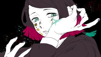 1boy aqua_eyes asymmetrical_bangs black_background black_hair black_jacket bonnouji_(kanikamapurin) buttons cheek_press colored_skin colored_tips commentary_request demon_boy enmu_(kimetsu_no_yaiba) facial_mark flat_color hair_between_fingers hand_on_own_chest hands_up highres jacket kimetsu_no_yaiba long_sleeves looking_at_viewer male_focus medium_hair multicolored_hair parted_lips portrait purple_nails solo splatter_background suit_jacket symbol-shaped_pupils tears_facial_mark teeth trap undershirt villain_(vocaloid) white_skin wiping