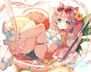 1girl :3 animal_ear_fluff animal_ears arm_behind_head arm_up bare_shoulders blue_eyes blush breasts cat_ears cat_girl choker cleavage commentary cropped_shirt denim denim_shorts double-parted_bangs english_commentary eyewear_on_head fish_hair_ornament flower flower_necklace food frilled_shirt frills fruit fruit_cup full_body hair_flower hair_intakes hair_ornament hair_over_shoulder hairpin hand_up heart heart-shaped_eyewear high_heel_sandals holding holding_pole ice ice_cube jewelry knees_up lemon lemon_slice long_hair looking_at_viewer lying midriff multiple_hairpins nail_polish natsuki_marina necklace off-shoulder_shirt off_shoulder on_back original oversized_food oversized_object partially_submerged pink_hair pink_water platform_sandals pole sandals shell shell_hair_ornament shirt shoes short_shorts shorts side_ponytail sidelocks solo star_(symbol) star_hair_ornament thigh_strap thighs toenail_polish toenails twitter_username white_background white_shirt white_shoes wristband yellow_nails
