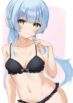 1girl bikini black_bikini blue_hair blush braid breasts closed_mouth collarbone frills green_eyes highres index_finger_raised kashiwagi_saki kinakollll long_hair looking_at_viewer navel ongeki sidelocks small_breasts smile solo striped_background swimsuit