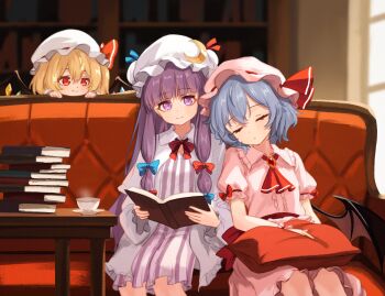 3girls ascot bat_wings blonde_hair blue_bow blue_hair book bow brooch chinese_commentary chunjiu closed_eyes closed_mouth collared_shirt commentary couch crescent crescent_hat_ornament crystal crystal_wings cup cushion dress flandre_scarlet frilled_shirt_collar frills hair_bow hat hat_ornament hat_ribbon highres holding holding_book jewelry leaning_on_person mob_cap multicolored_wings multiple_girls multiple_hair_bows on_couch open_book patchouli_knowledge pink_hat pink_shirt pink_skirt plate purple_eyes purple_hair red_ascot red_bow red_eyes remilia_scarlet ribbon shirt siblings sisters sitting skirt skirt_set sleeping sleeping_on_person sleeve_bow smile steam striped_clothes striped_dress table teacup touhou vertical-striped_clothes vertical-striped_dress white_hat wings wrist_cuffs