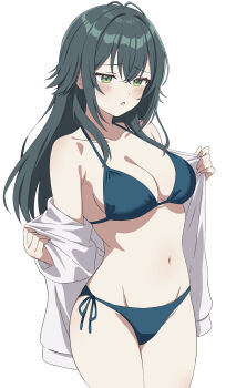 Rule 34 | 1girl, :o, antenna hair, bikini, blue bikini, blush, breasts, cleavage, collarbone, commentary request, cowboy shot, crossed bangs, daichi777zz, dot nose, gakuen idolmaster, green eyes, green hair, hair between eyes, hair flaps, halterneck, hands up, highres, idolmaster, jacket, large breasts, long hair, long sleeves, looking at viewer, navel, off shoulder, open clothes, open jacket, parted lips, raised inner eyebrows, side-tie bikini bottom, sidelocks, simple background, solo, stomach, string bikini, swimsuit, tsukimura temari, undressing, white background, white jacket