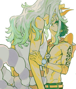 1boy 1girl aqua_hair arm_tattoo armband bare_arms bare_shoulders bead_necklace beads belt black_hair black_pants bracelet breasts clothing_cutout earrings english_text freckles hair_ornament hakama hakama_pants hand_on_another&#039;s_arm hat height_difference highres hoop_earrings horns imminent_kiss japanese_clothes jewelry long_hair looking_at_another looking_down looking_up necklace nyan_2020 one_piece oni orange_armband orange_belt orange_hat pants parted_lips ponytail portgas_d._ace rope shimenawa shirt short_hair sidelocks skull sleeveless smile tattoo topless_male unworn_hat unworn_headwear watch white_background white_hair white_shirt wristwatch yamato_(one_piece) yellow_pupils