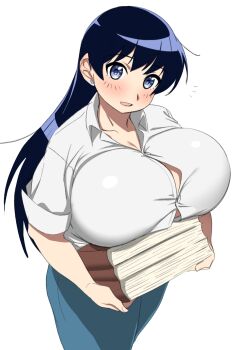 1girl arato_nagi black_hair blue_eyes blue_pants blush book breast_rest breasts button_gap carried_breast_rest carrying cleavage collared_shirt commentary cowboy_shot denim earrings highres holding holding_book huge_breasts imiin jeans jewelry long_hair looking_at_viewer notice_lines open_mouth pants raised_eyebrows ruri_no_houseki shirt sleeves_rolled_up solo standing stud_earrings white_background white_shirt