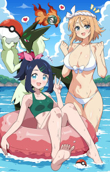 1girl 2girls :d ^_^ absurdres animal_nose armpit_crease ball bare_shoulders barefoot beachball bikini black_hair blue_eyes blue_hair blue_sky blush body_fur bow bow_bikini breasts chi-yu_(pokemon) claws cleavage cliff closed_eyes cloud cloudy_sky collarbone colored_inner_hair crossover day eggman_(ni_tamagoex) excited fish forest front-tie_bikini_top front-tie_top goldfish green_eyes green_fur green_hair_ornament green_tankini groin hair_between_eyes hair_bow hair_ornament hairclip hanabi_(senran_kagura) headband heart highres horizon innertube large_breasts liko_(pokemon) looking_at_viewer meowscarada multicolored_hair multiple_girls nature navel nintendo ocean on_innertube open_mouth orange_hair outdoors pawpads pink_bow pink_eyes poke_ball poke_ball_(basic) pokemon pokemon_(anime) pokemon_(creature) pokemon_horizons pokemon_sv senran_kagura senran_kagura_estival_versus shiny_skin short_hair short_tail sidelocks sitting sky small_breasts smile speech_bubble spoken_heart standing swim_ring swimsuit tail tankini thigh_gap two-tone_fur two-tone_innertube w water wet white_bikini white_bow white_headband