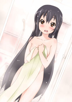 1girl alternate_hairstyle bathroom black_hair blush brown_eyes completely_nude covering_privates dutch_angle embarrassed errant female_focus hair_down k-on! long_hair nakano_azusa nude nude_cover open_mouth round_teeth shower_head solo teeth towel very_long_hair wavy_mouth wet