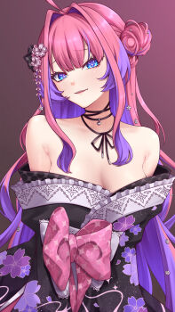 Rule 34 | 1girl, absurdres, ahoge, bare shoulders, black kimono, breasts, center-flap bangs, cleavage, closed mouth, commentary request, double-parted bangs, floral print, floral print kimono, flower, frilled kimono, frills, hair bun, hair flower, hair intakes, hair ornament, highres, hololive, hololive dev is, japanese clothes, kanzashi, kikirara vivi, kikirara vivi (new year), kimono, large breasts, light smile, long hair, looking at viewer, off shoulder, official alternate costume, official alternate hairstyle, pink hair, print kimono, side up bun, sidelocks, simple background, solo, tsumami kanzashi, upper body, virtual youtuber, zellam