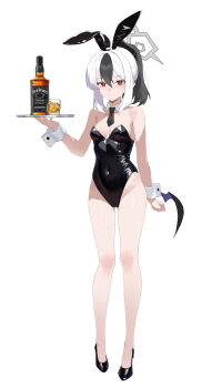 1girl absurdres alcohol animal_ears bare_legs bare_shoulders black_hair black_leotard black_necktie black_shoes blue_archive breasts closed_mouth commentary_request covered_navel cup drinking_glass fake_animal_ears full_body groin hair_between_eyes halo hand_up high_heels highres holding holding_tray horns ice ice_cube jack_daniel&#039;s kayoko_(blue_archive) leotard looking_at_viewer low_wings medium_breasts multicolored_hair necktie ponytail purple_wings rabbit_ears red_eyes shadow117 shoes short_necktie simple_background single_wing smile solo standing strapless strapless_leotard tray two-tone_hair whiskey white_background white_hair wings wrist_cuffs