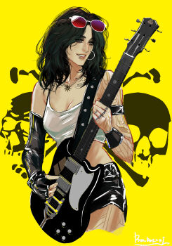 1girl absurdres alternate_costume arm_tattoo barbozari black_eyes black_gloves black_hair black_shorts braid breasts clair_obscur:_expedition_33 cleavage contemporary cowboy_shot crop_top cropped_legs earrings elbow_gloves electric_guitar eyewear_on_head face_piercing fingerless_gloves gloves guitar half_up_braid highres holding holding_instrument hoop_earrings instrument jewelry lip_piercing lune_(clair_obscur:_expedition_33) medium_hair necklace piercing ring shirt shorts signature single_elbow_glove single_glove smile solo sunglasses tattoo white_shirt yellow_background