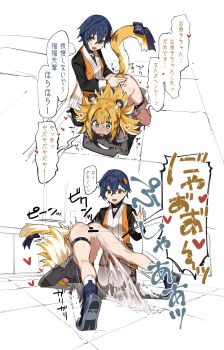 2girls absurdres all_fours animal_ear_fluff animal_ears bar_censor belle_(delicate_sunlight)_(zenless_zone_zero) belle_(zenless_zone_zero) black_gloves blonde_hair blue_hair blush censored chinese_clothes colored_inner_hair dress female_ejaculation female_orgasm fingering fingering_from_behind gloves green_eyes hair_between_eyes hair_ornament highres holding_another&#039;s_tail ju_fufu letter_hair_ornament long_hair muchi_maro multicolored_hair multiple_girls navel no_panties no_pants nude official_alternate_costume open_mouth orgasm pussy pussy_juice shirt short_hair smile tail thigh_strap tiger_ears tiger_girl tiger_tail translation_request trembling white_hair yuri zenless_zone_zero
