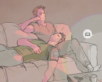 2boys :/ arm_across_chest brown_hair chris_redfield closed_eyes closed_mouth coffee_mug commentary controller couch crew_neck crossed_legs cup elbow_rest english_commentary green_shirt grey_pants grey_shirt hand_in_another's_hair head_rest highres image_in_speech_bubble lanimalu lying male_focus mug multiple_boys on_back on_couch one_eye_closed pants paper piers_nivans remote_control resident_evil resident_evil_6 shirt short_hair short_sleeves sitting sleeping socks speech_bubble squeans sweatpants white_pants white_socks yaoi zzz